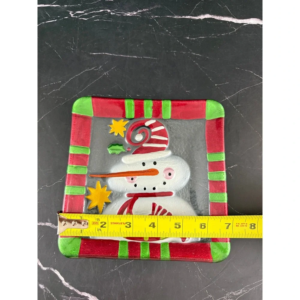 VTG Pier 1 Imports Jolly Holiday Art Glass Christmas Snowman 7in Square Plate